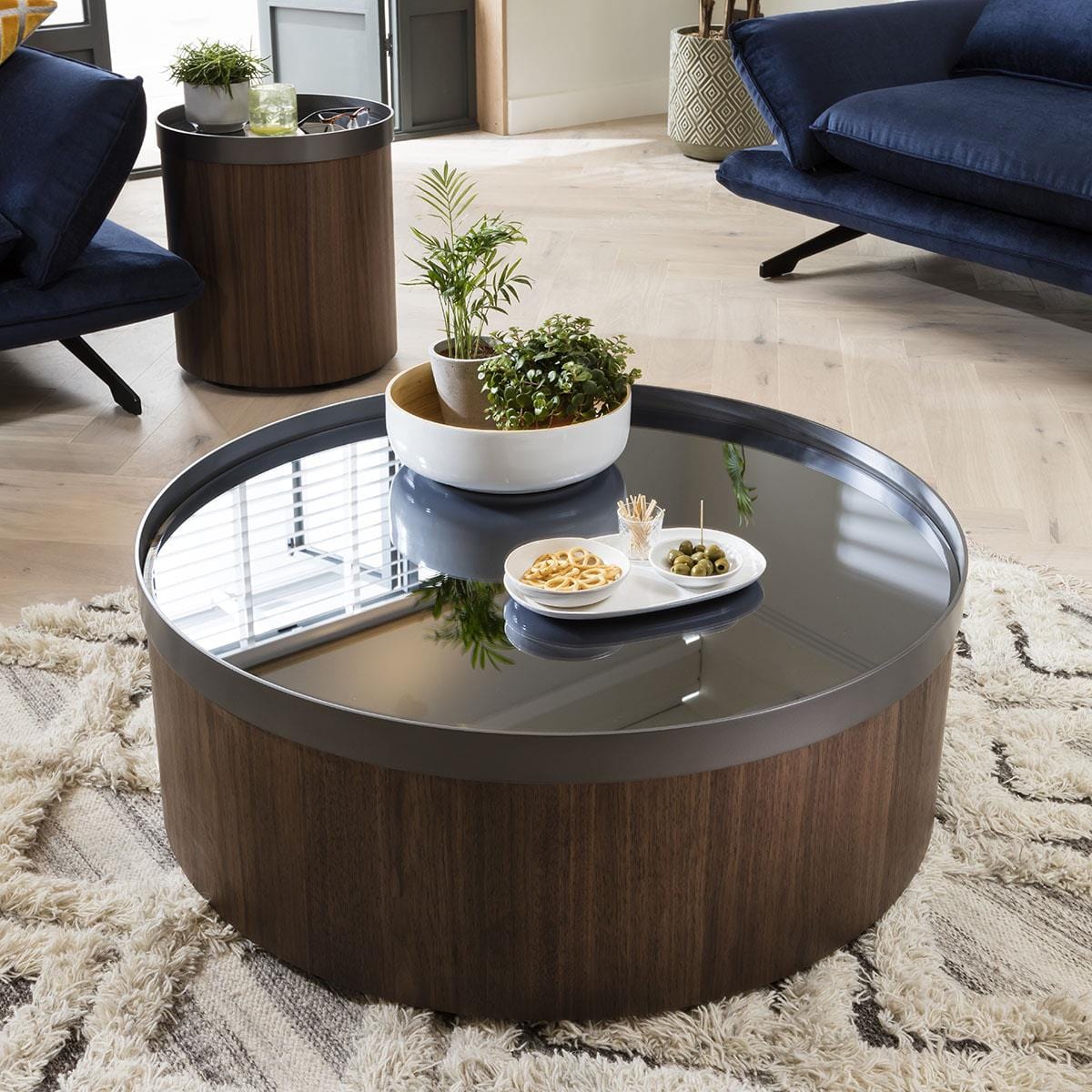 Quatropi Round Coffee Table Ø 90cm Brown Walnut - Metal Ring Accent, Low Design