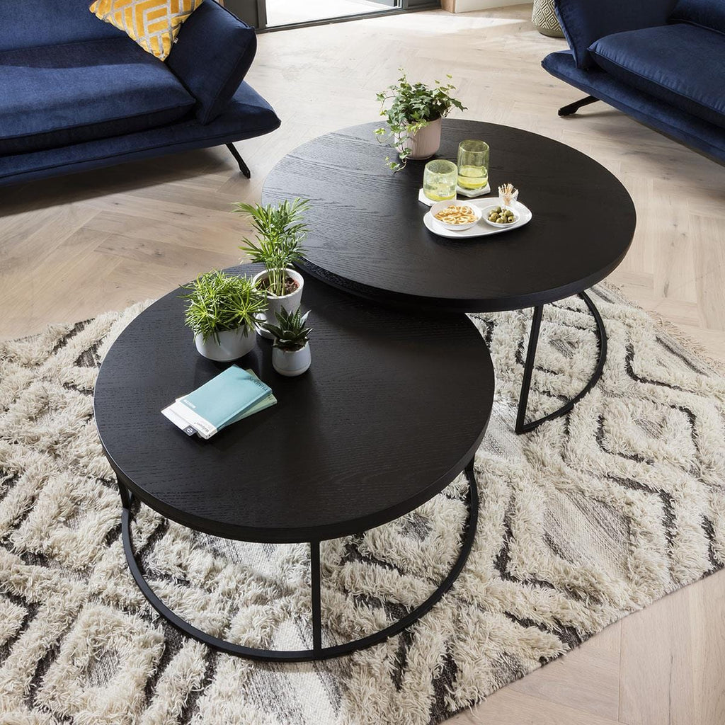 Quatropi Round Nesting Coffee Table 2-Piece Black Oak - Black Metal Base