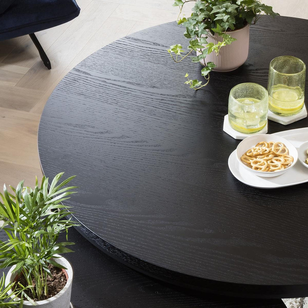 Quatropi Round Nesting Coffee Table 2-Piece Black Oak - Black Metal Base