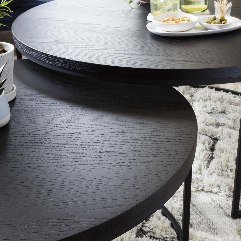 Quatropi Round Nesting Coffee Table 2-Piece Black Oak - Black Metal Base