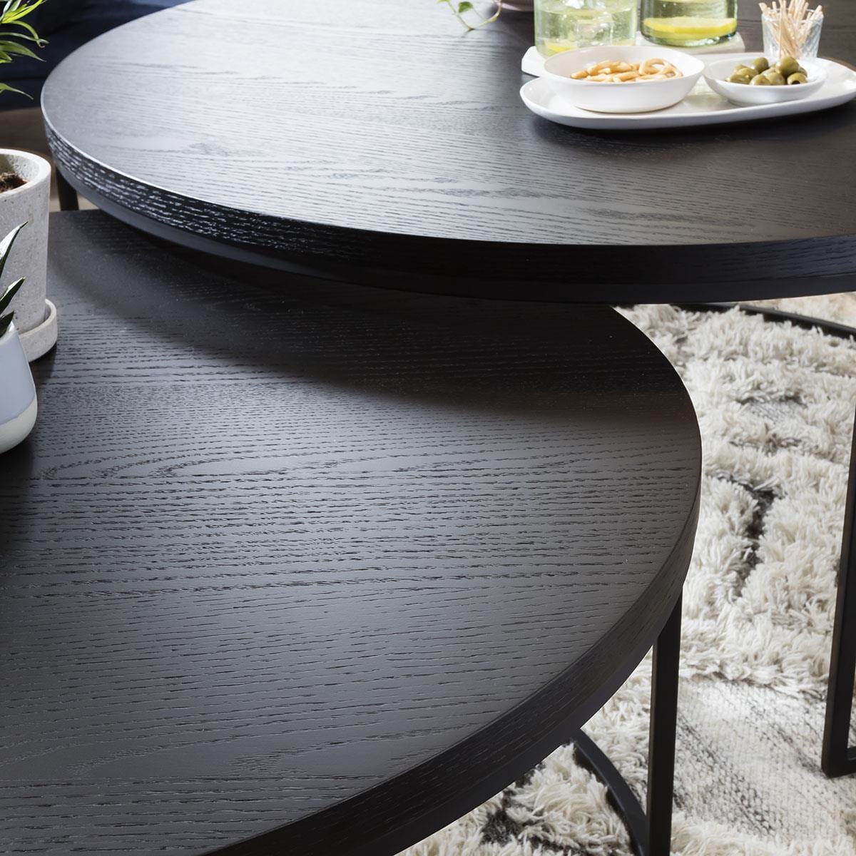 Quatropi Round Nesting Coffee Table 2-Piece Black Oak - Black Metal Base