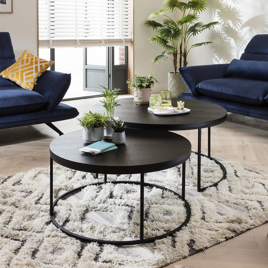 Quatropi Round Nesting Coffee Table 2-Piece Black Oak - Black Metal Base