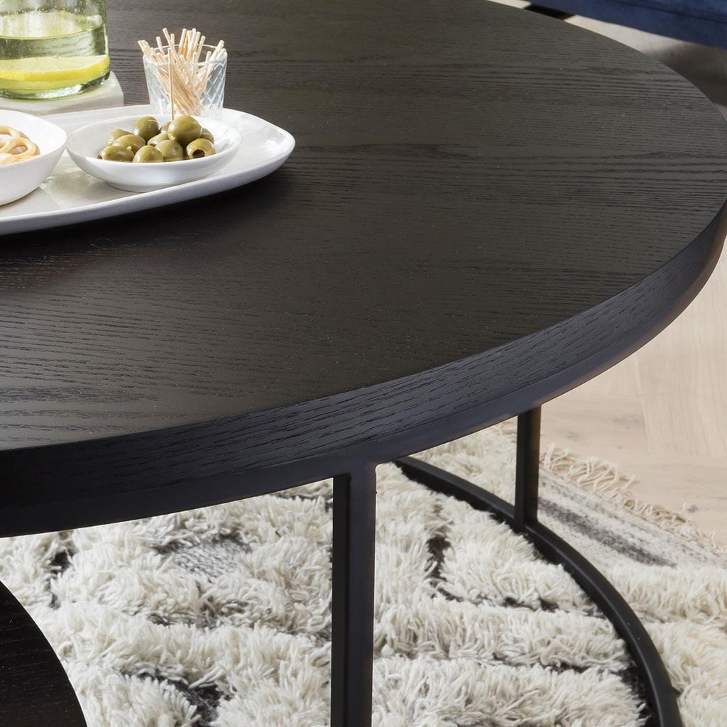 Quatropi Round Nesting Coffee Table 2-Piece Black Oak - Black Metal Base