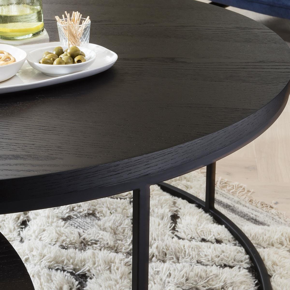 Quatropi Round Nesting Coffee Table 2-Piece Black Oak - Black Metal Base