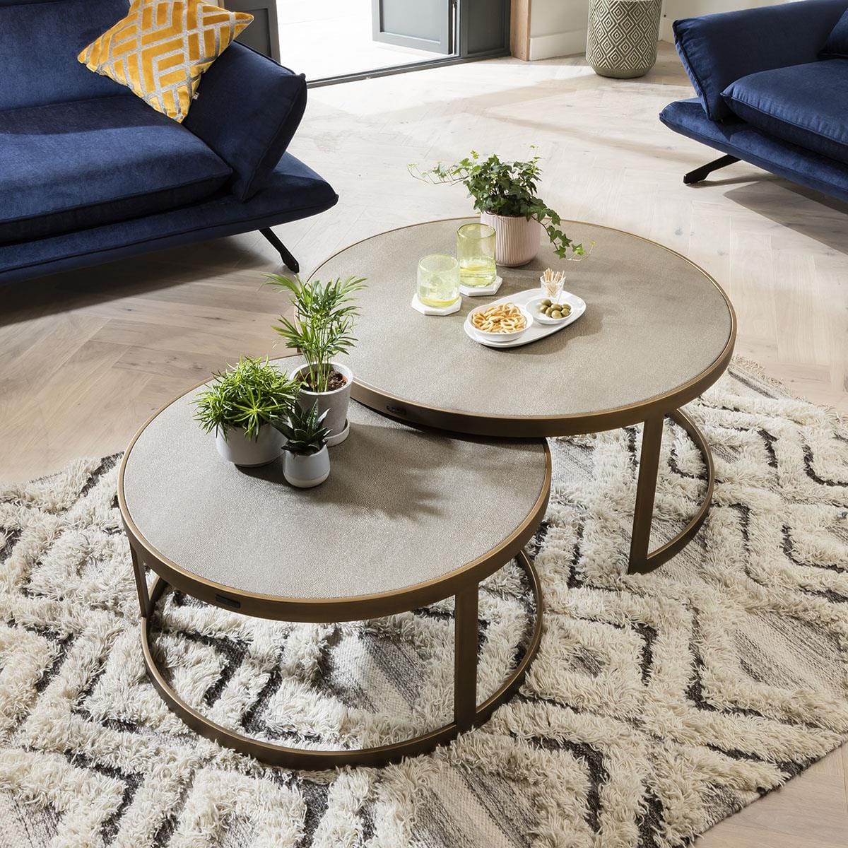 Quatropi Shagreen Round Nesting Coffee Tables Ø 94cm/74cm - Gold Metal Frame