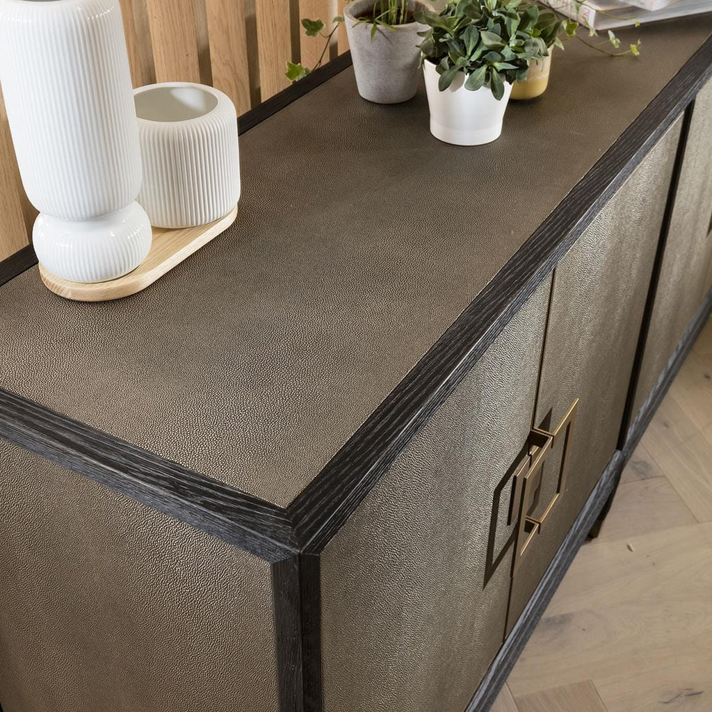 Quatropi Shagreen Sideboard 200cm Gold - Black Oak Cabinet, 4 Doors, PU Leather