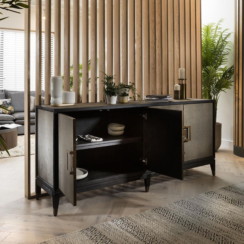 Quatropi Shagreen Sideboard 200cm Gold - Black Oak Cabinet, 4 Doors, PU Leather