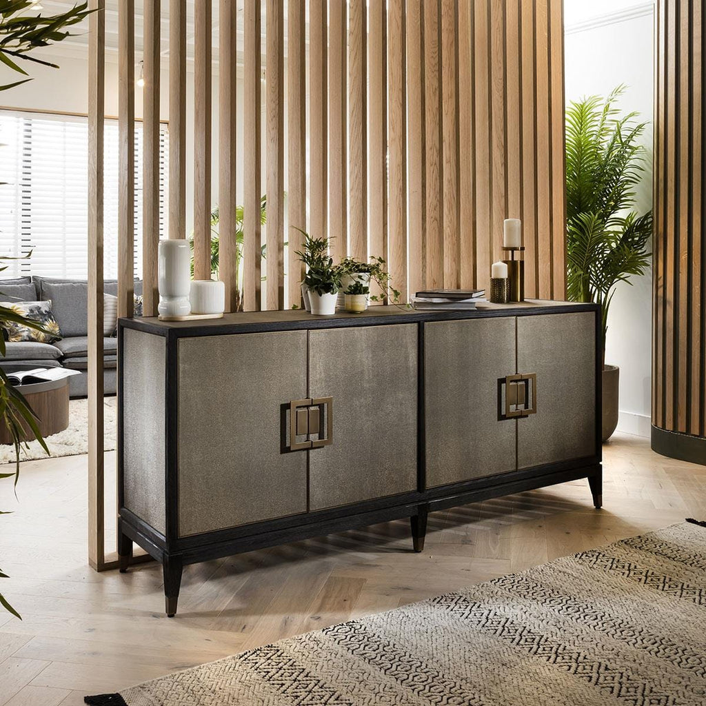 Quatropi Shagreen Sideboard 200cm Gold - Black Oak Cabinet, 4 Doors, PU Leather