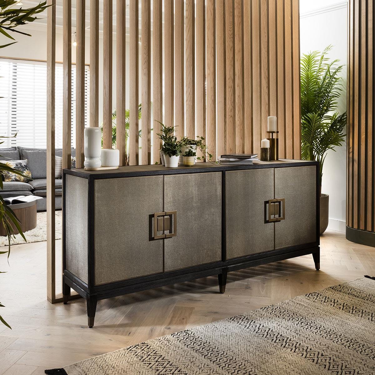 Quatropi Shagreen Sideboard 200cm Gold - Black Oak Cabinet, 4 Doors, PU Leather