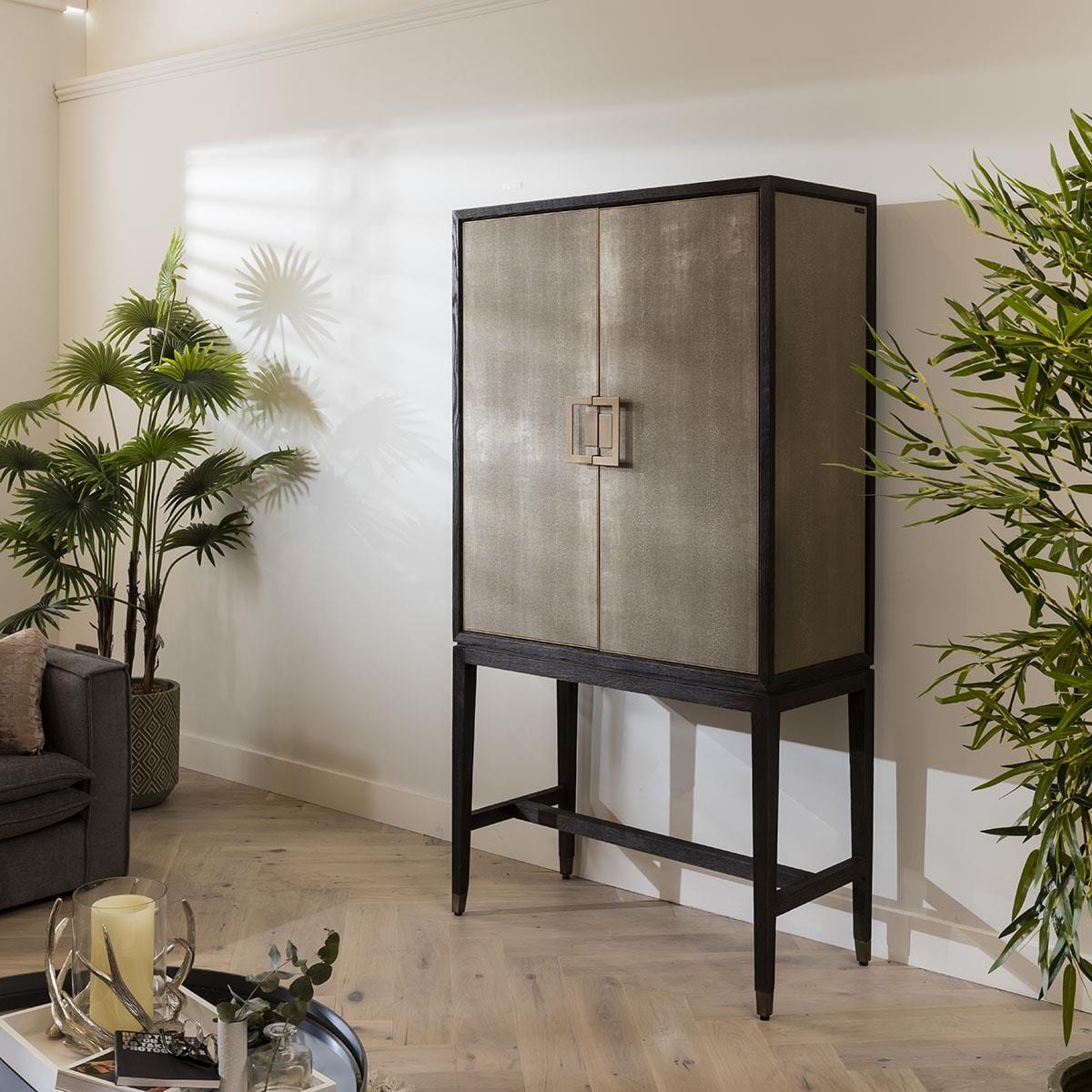 Quatropi Shagreen Tall Sideboard Gold - 97cmx182cm, Black Oak Frame, PU Leather