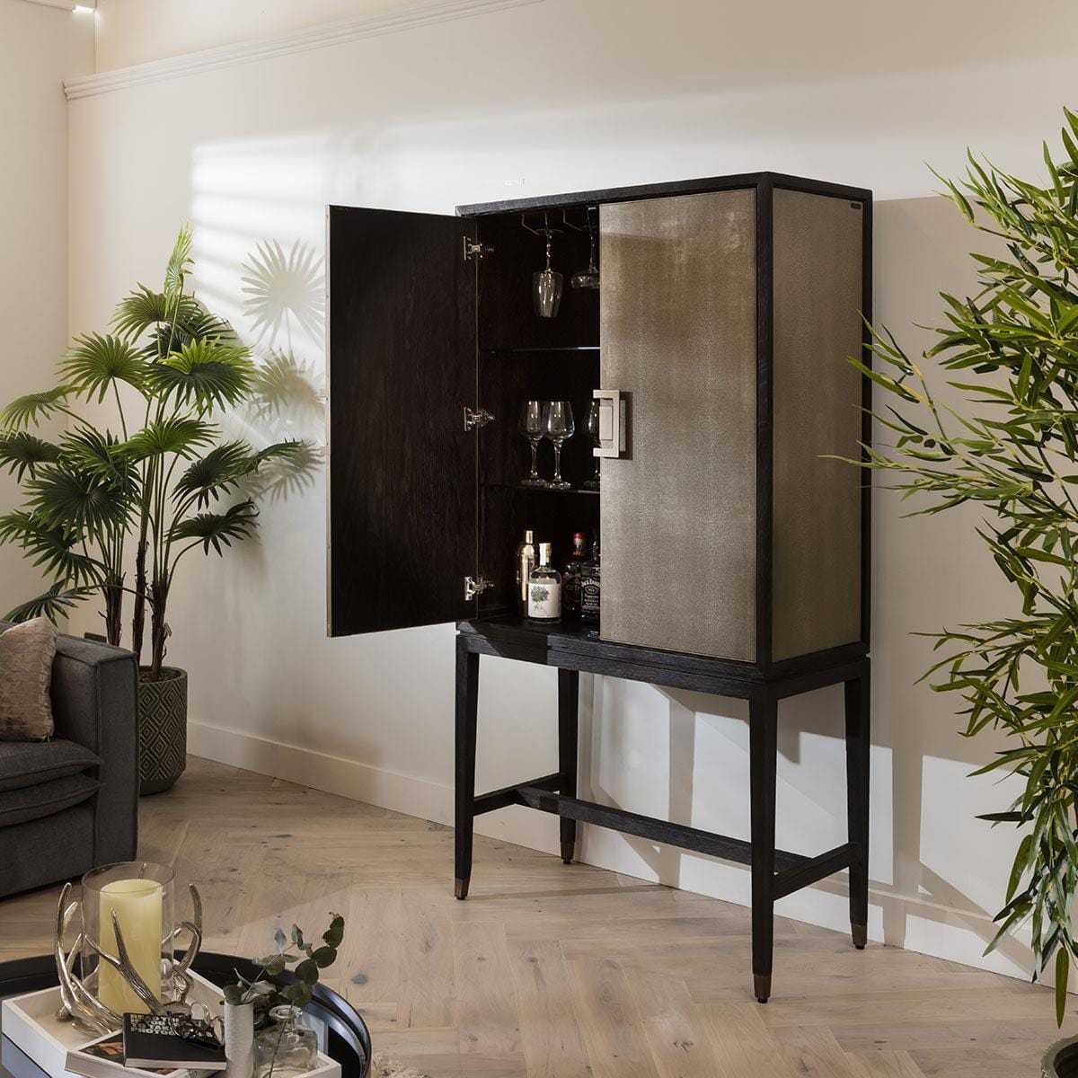 Quatropi Shagreen Tall Sideboard Gold - 97cmx182cm, Black Oak Frame, PU Leather