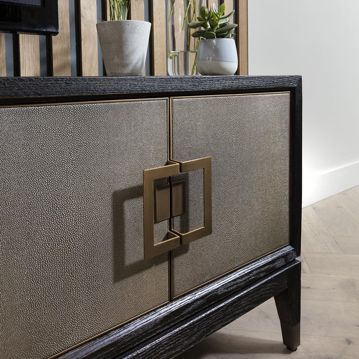 Quatropi Shagreen TV Stand 185cm Gold - Black Oak Unit, 4 Doors, Open Storage