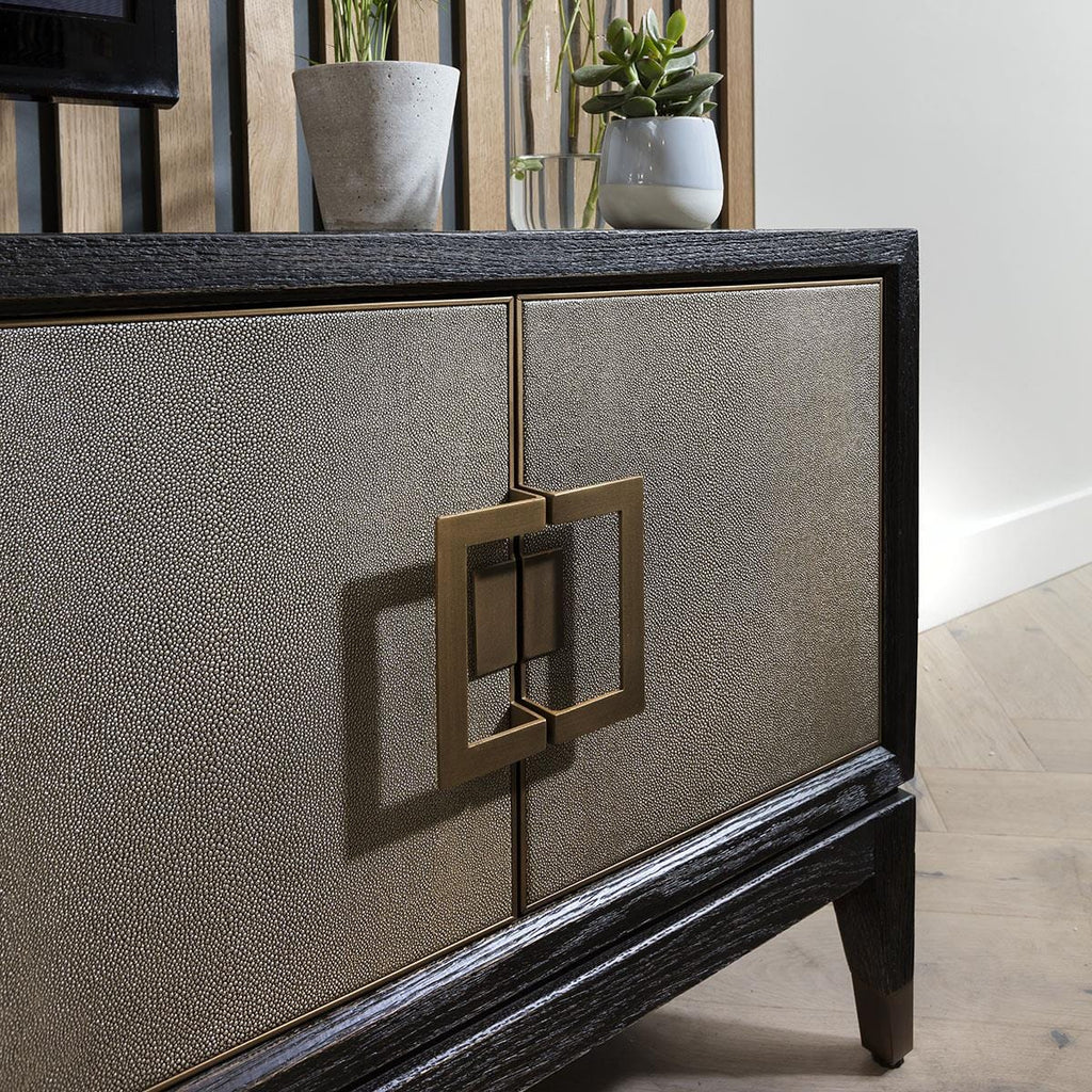 ExDisplay Quatropi Shagreen TV Stand 185cm Gold - Black Oak Unit, 4 Doors, Open Storage