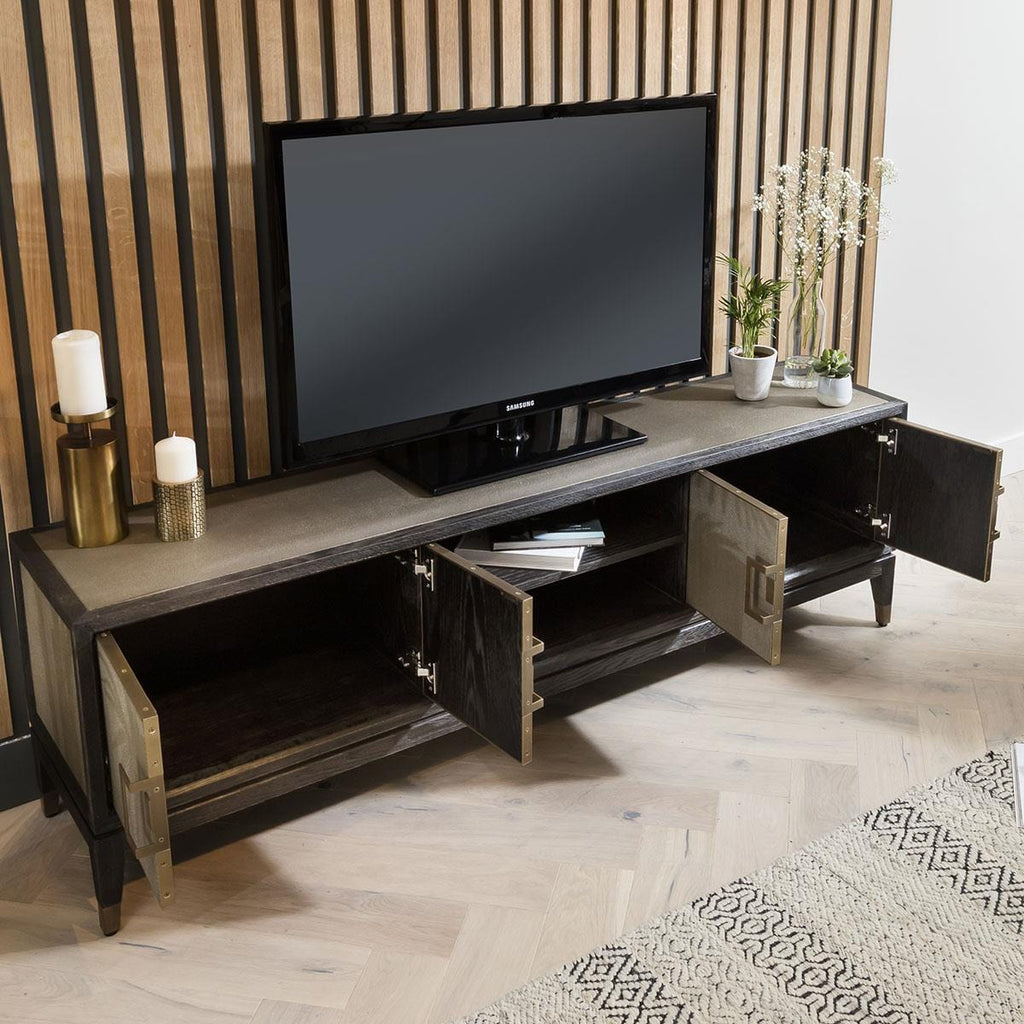 Quatropi Shagreen TV Stand 185cm Gold - Black Oak Unit, 4 Doors, Open Storage