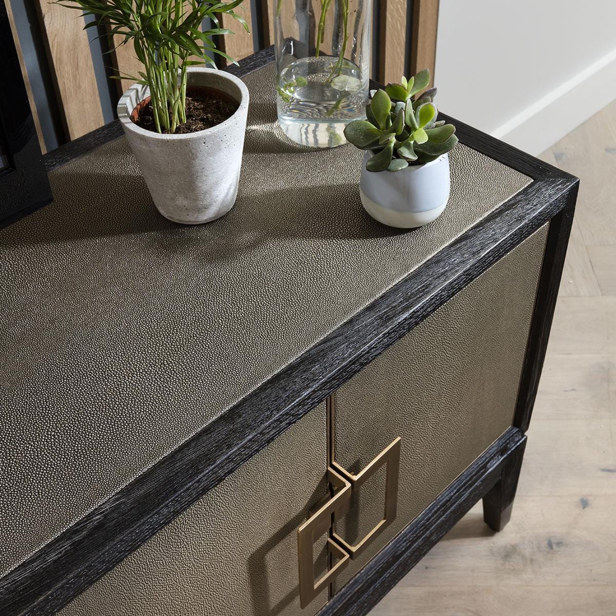 Quatropi Shagreen TV Stand 185cm Gold - Black Oak Unit, 4 Doors, Open Storage