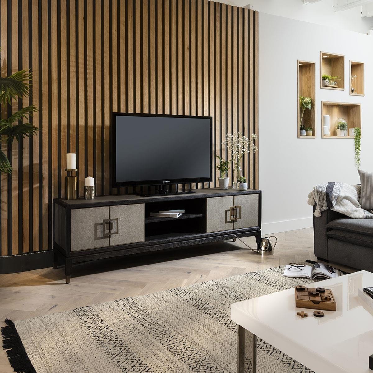 ExDisplay Quatropi Shagreen TV Stand 185cm Gold - Black Oak Unit, 4 Doors, Open Storage