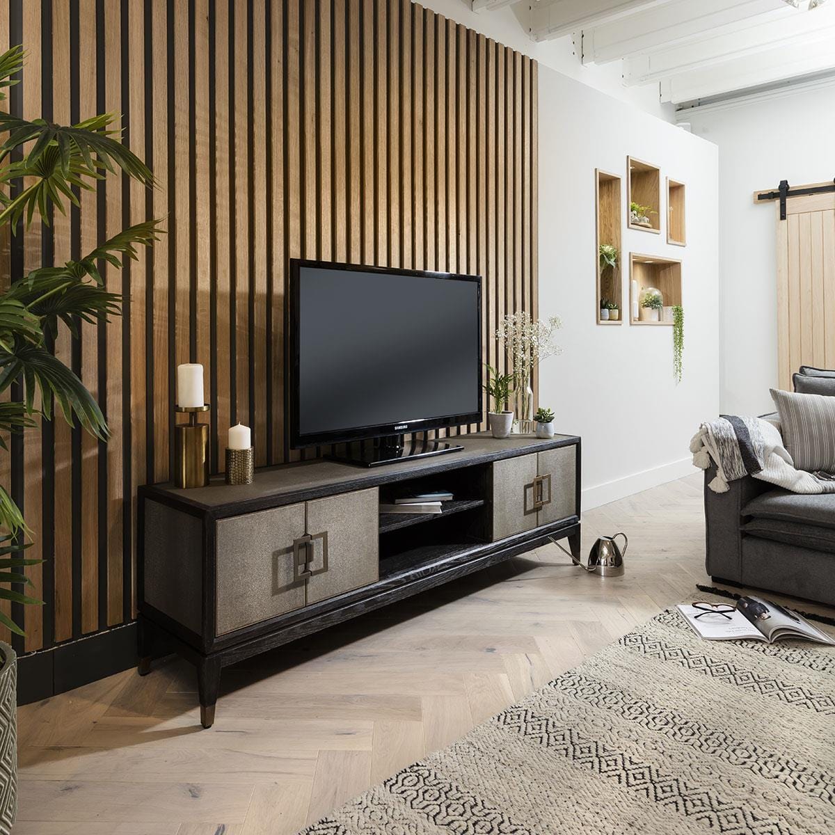 ExDisplay Quatropi Shagreen TV Stand 185cm Gold - Black Oak Unit, 4 Doors, Open Storage