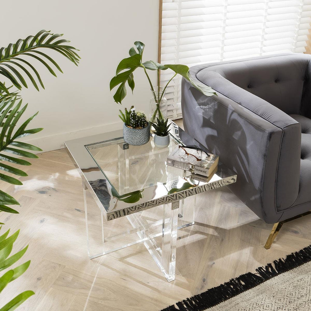 Quatropi Side Table Clear Glass & Polished Metal Frame on Acrylic Legs