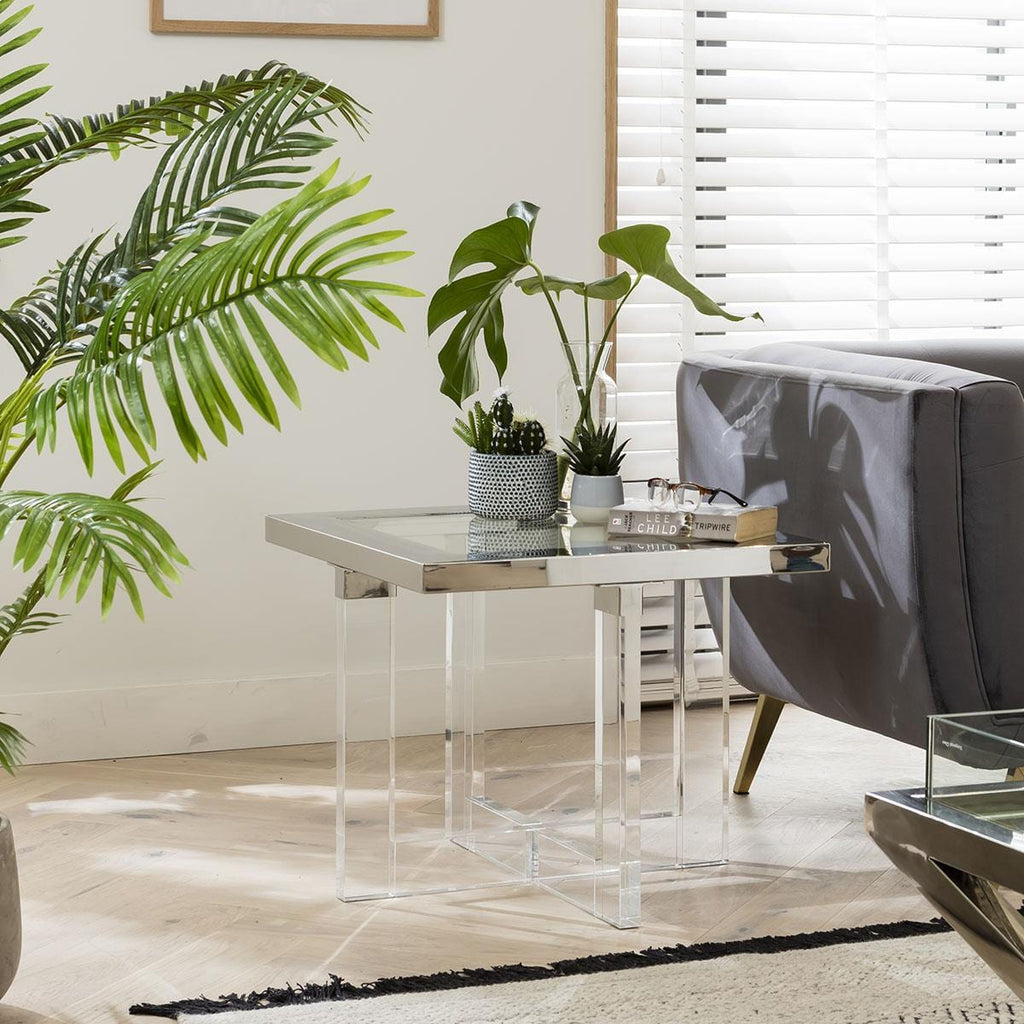 Quatropi Side Table Clear Glass & Polished Metal Frame on Acrylic Legs