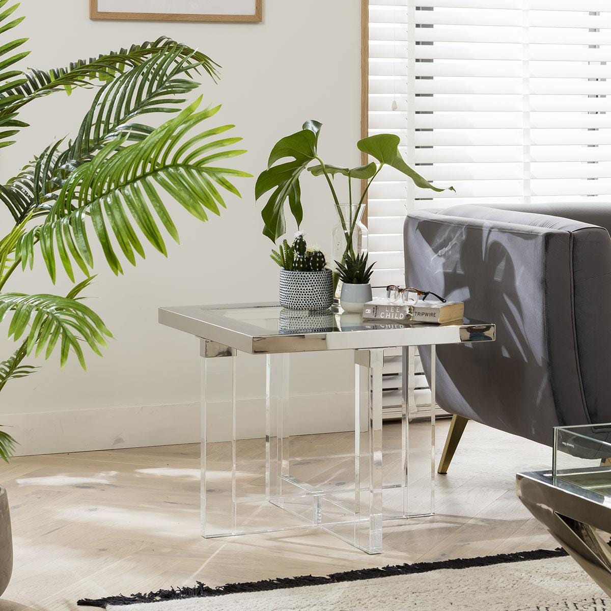 Quatropi Side Table Clear Glass & Polished Metal Frame on Acrylic Legs