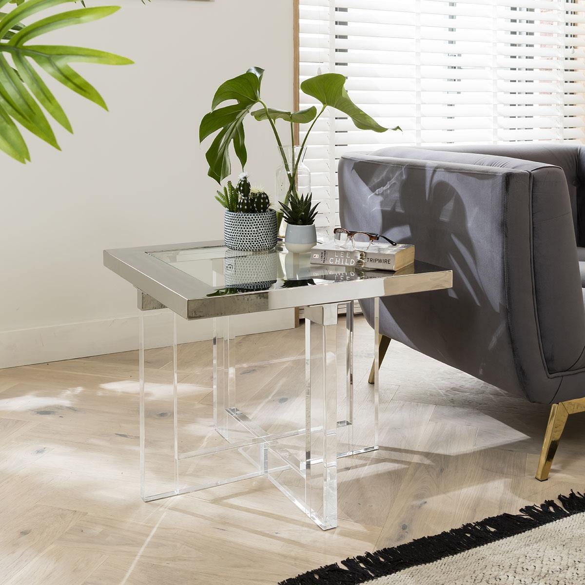Quatropi Side Table Clear Glass & Polished Metal Frame on Acrylic Legs