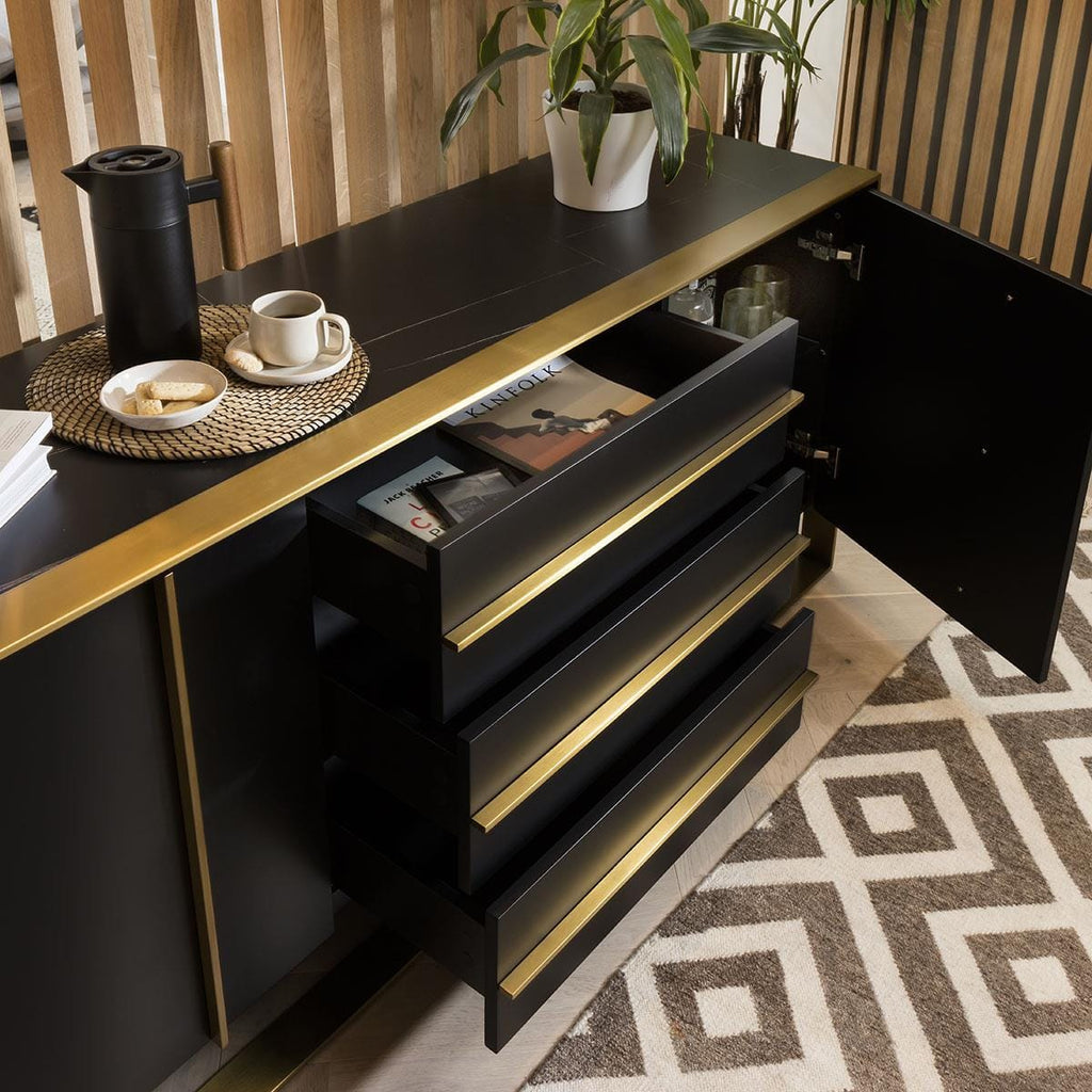 Quatropi Sideboard Cabinet 180cm Matte Black & Brass Frame & Black Ceramic Top