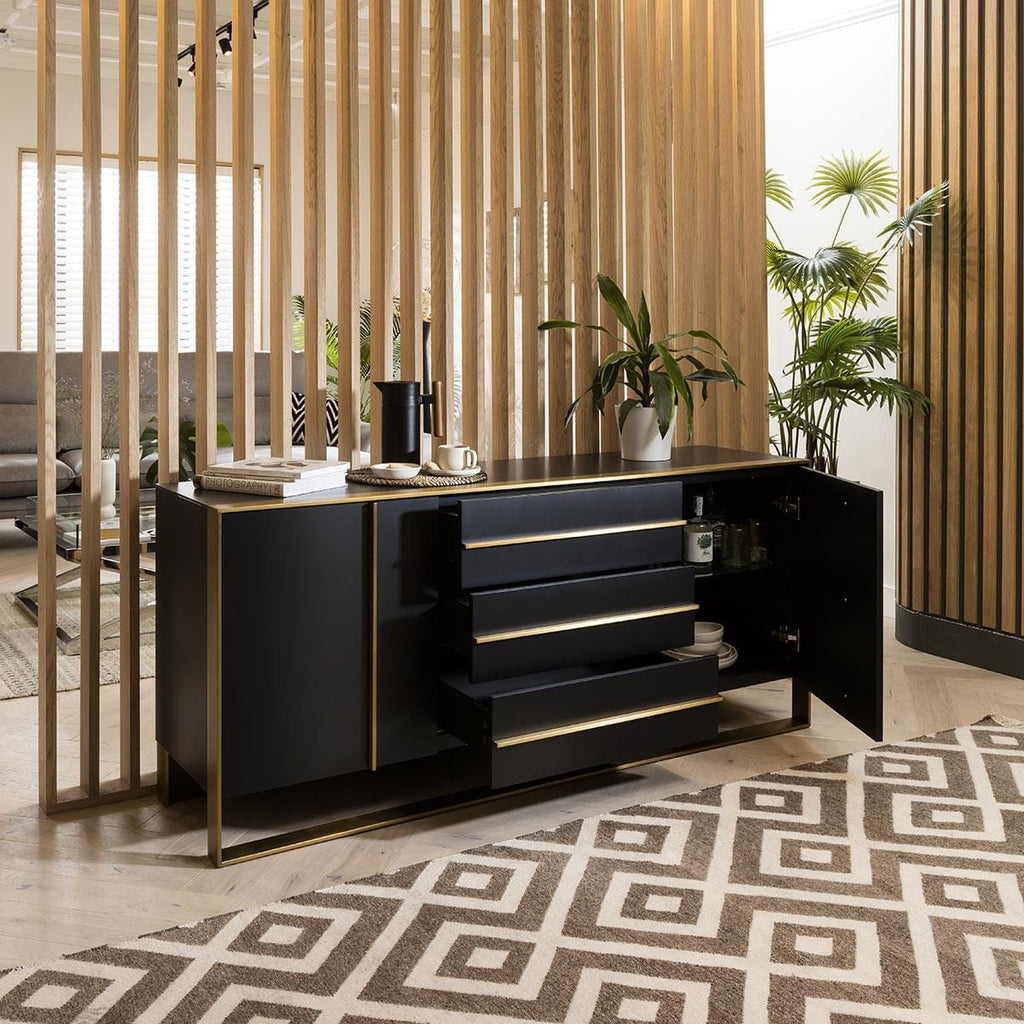 Quatropi Sideboard Cabinet 180cm Matte Black & Brass Frame & Black Ceramic Top