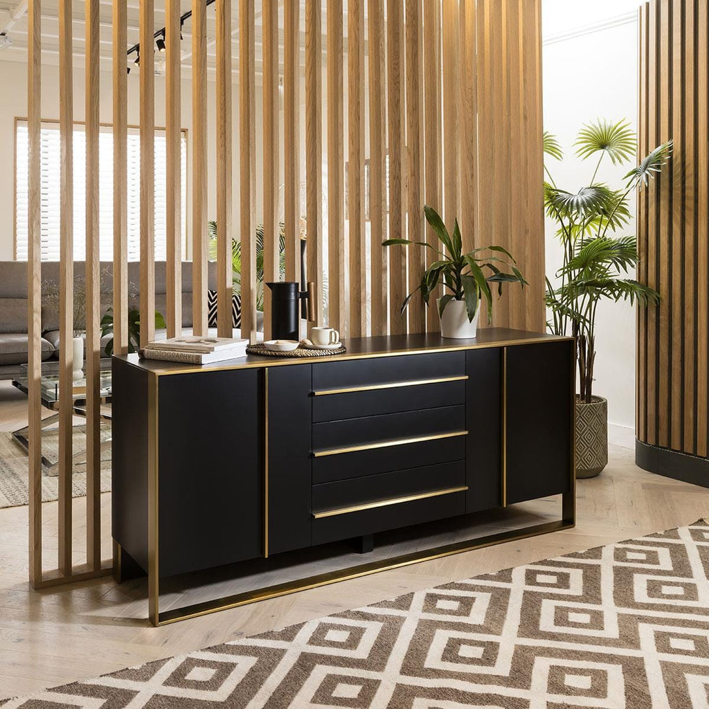 Quatropi Sideboard Cabinet 180cm Matte Black & Brass Frame & Black Ceramic Top