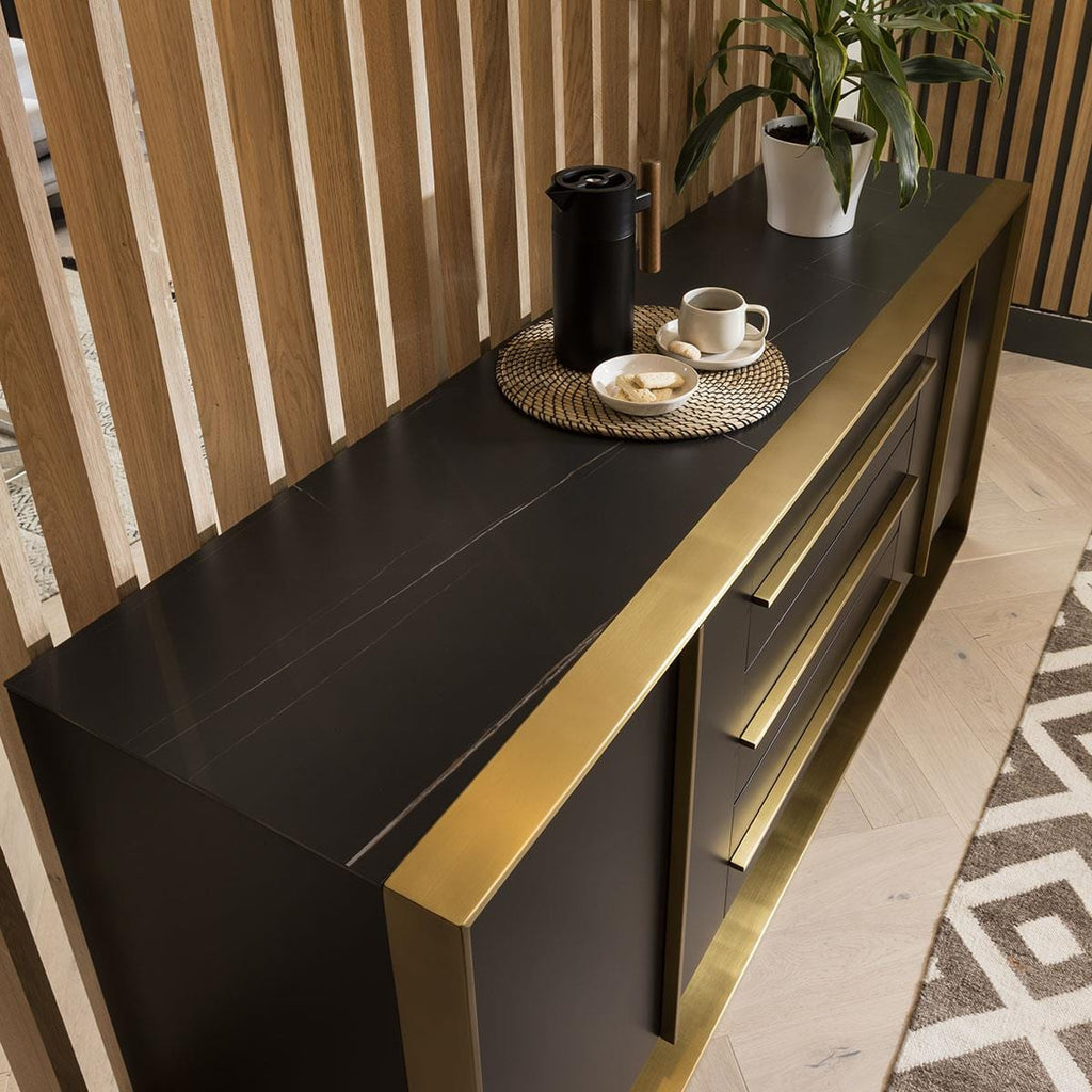 Quatropi Sideboard Cabinet 180cm Matte Black & Brass Frame & Black Ceramic Top