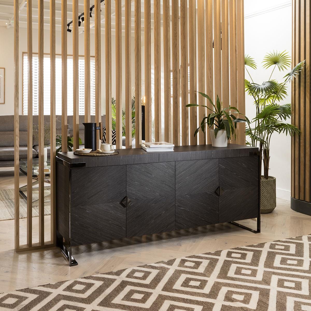 Quatropi Sideboard Cabinet 182cm Smoked Oak Wood Finish & Rifle Grey Metal Legs