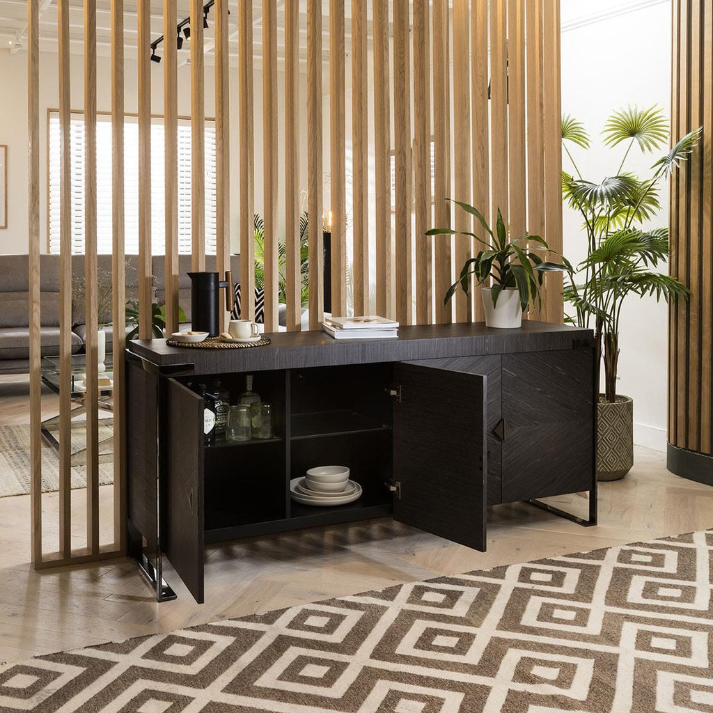 Quatropi Sideboard Cabinet 182cm Smoked Oak Wood Finish & Rifle Grey Metal Legs