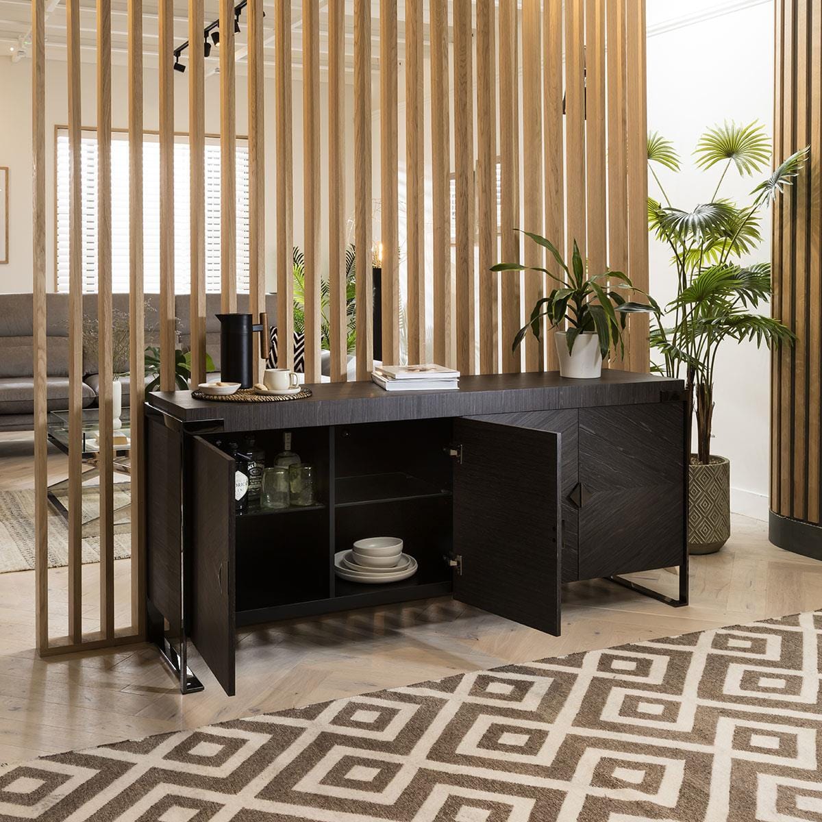 Quatropi Sideboard Cabinet 182cm Smoked Oak Wood Finish & Rifle Grey Metal Legs