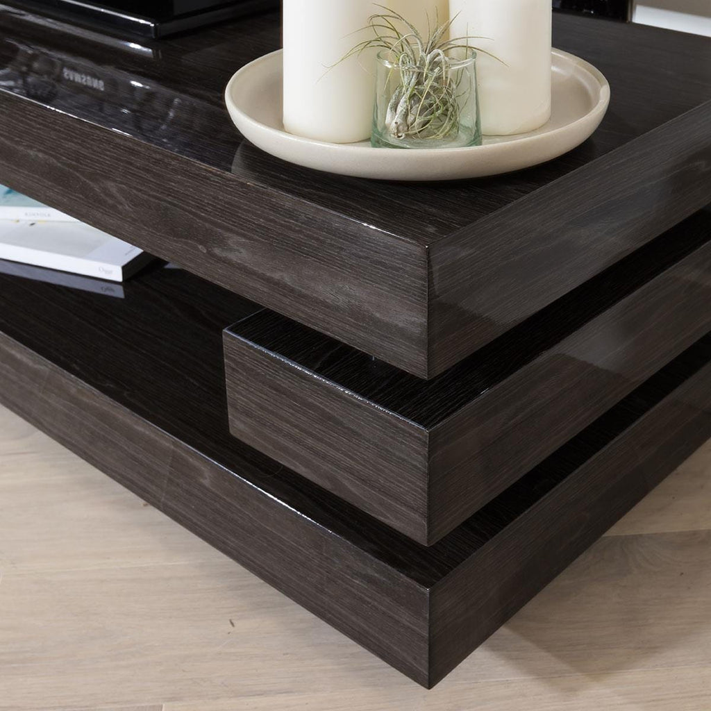 Quatropi Small TV Stand 120cm Dark Brown Smoked Oak Gloss - AV Shelf, 34cm Tall