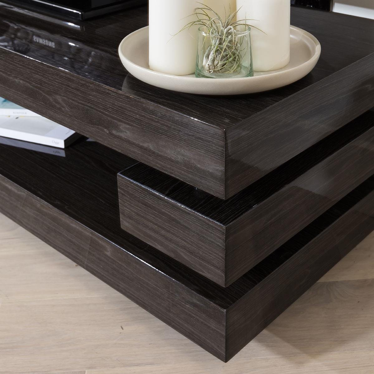 Quatropi Small TV Stand 120cm Dark Brown Smoked Oak Gloss - AV Shelf, 34cm Tall