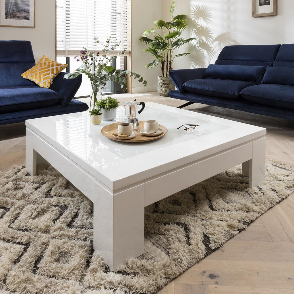 Quatropi Square Coffee Table 120cm White Gloss - Glass Top