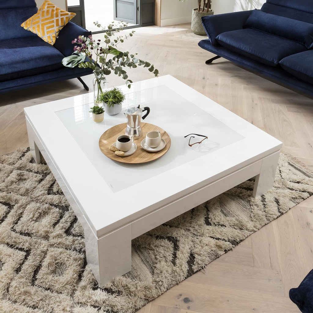 Quatropi Square Coffee Table 120cm White Gloss - Glass Top