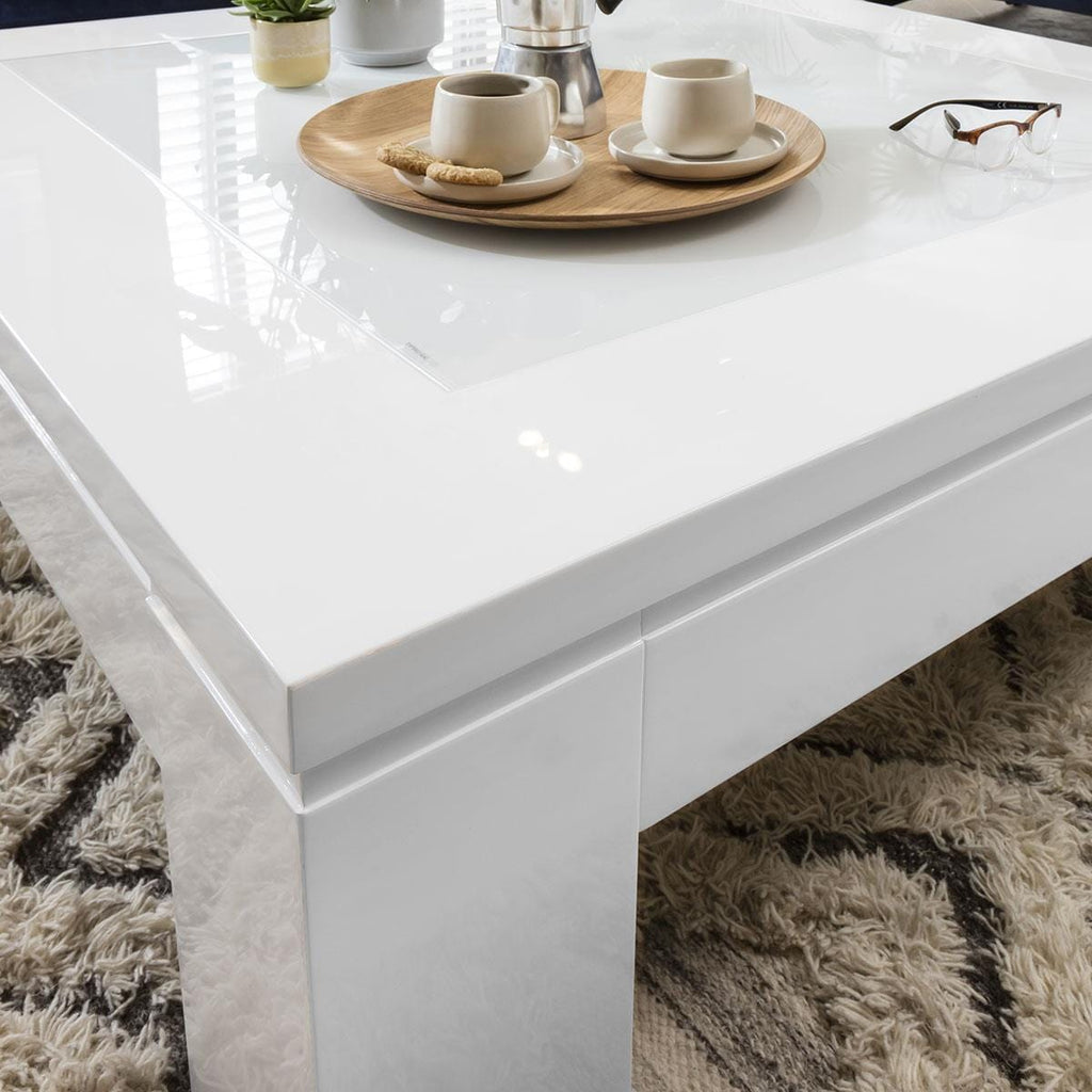 Quatropi Square Coffee Table 120cm White Gloss - Glass Top