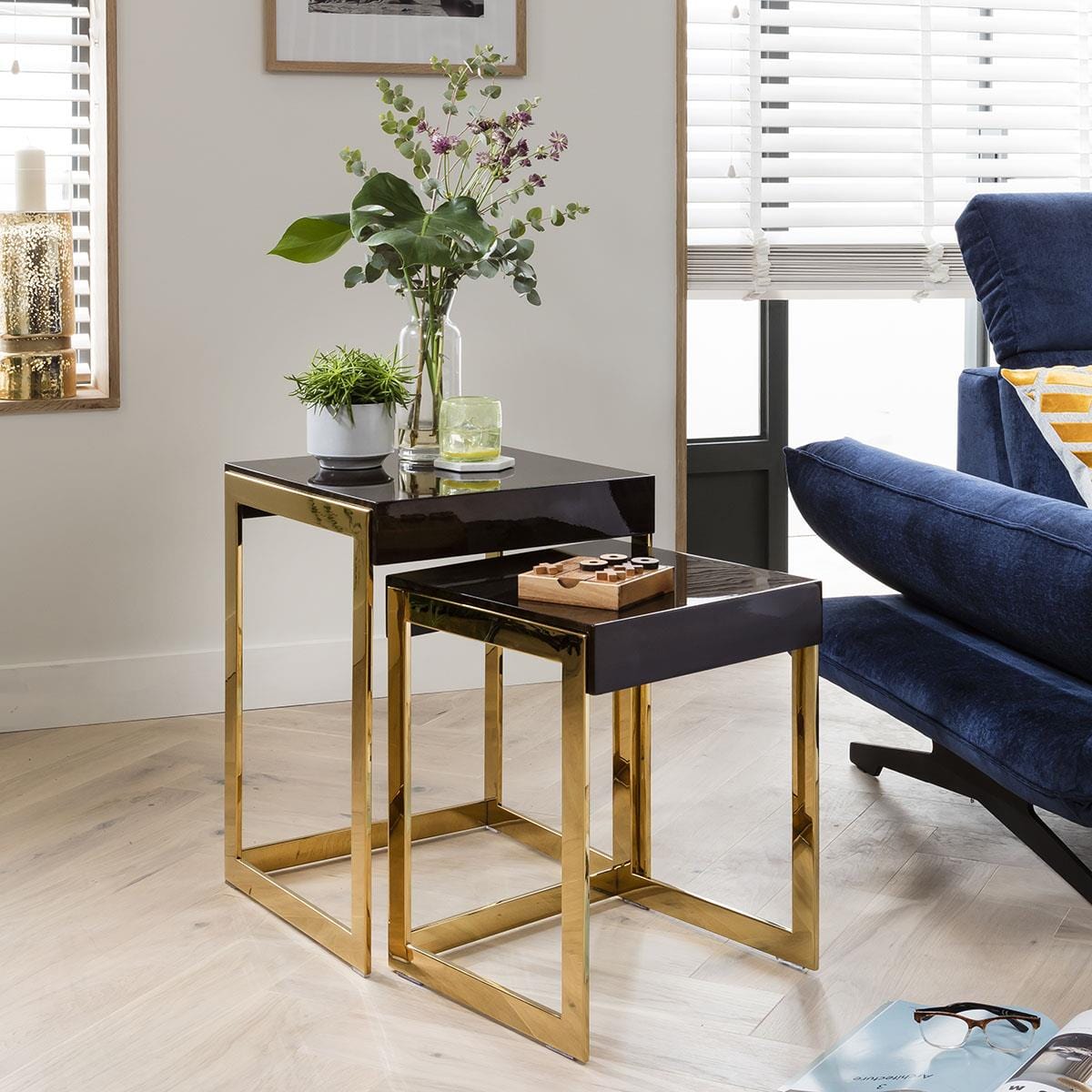 Quatropi Square Nesting Side Tables 2-Piece 45cm Gloss Teak - Golden Steel Legs