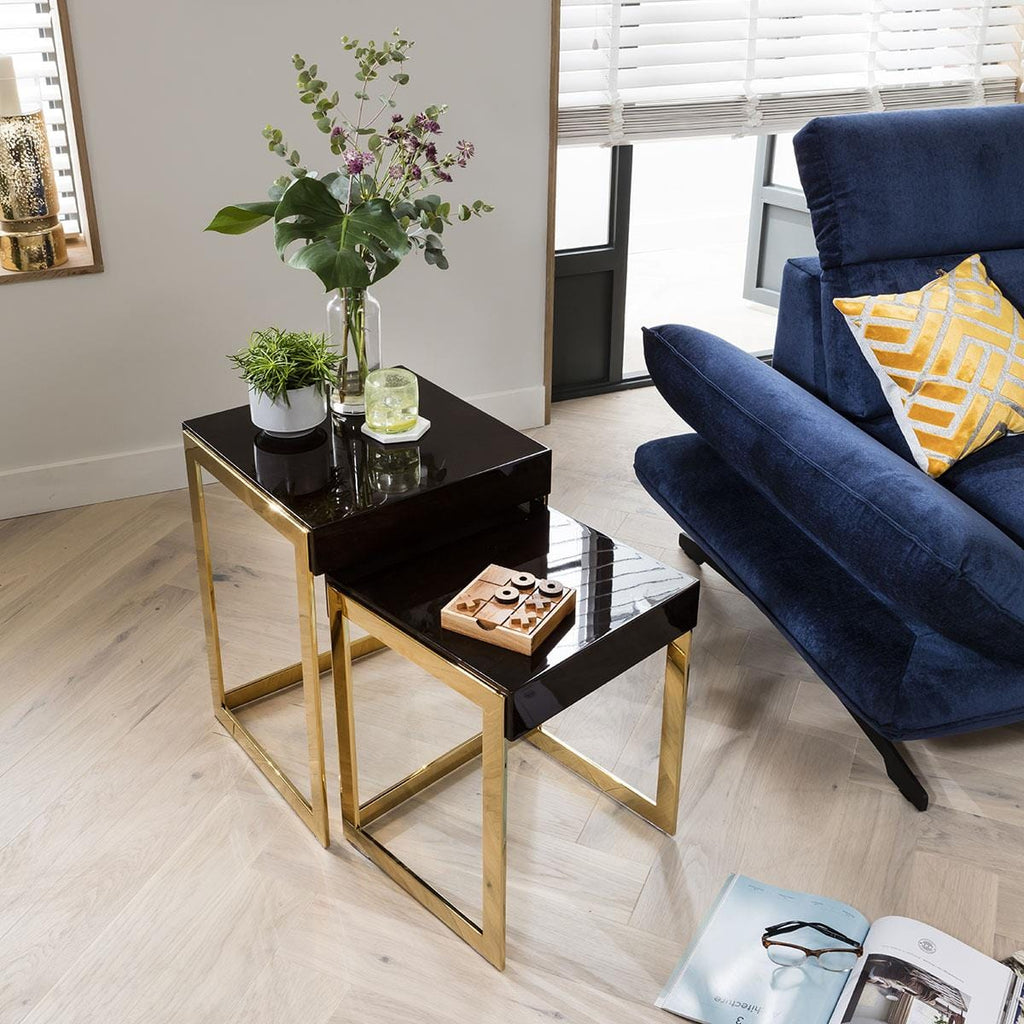 Quatropi Square Nesting Side Tables 2-Piece 45cm Gloss Teak - Golden Steel Legs