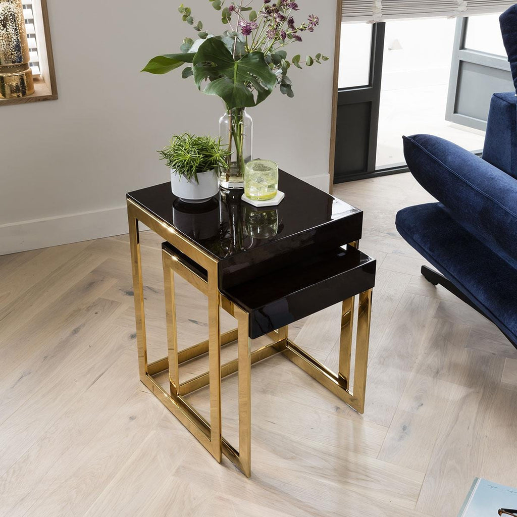 Quatropi Square Nesting Side Tables 2-Piece 45cm Gloss Teak - Golden Steel Legs