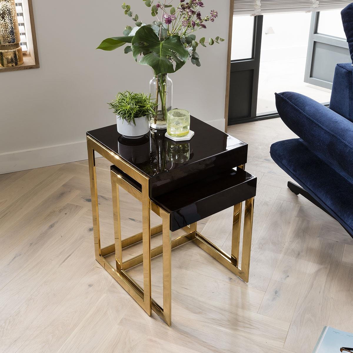 Quatropi Square Nesting Side Tables 2-Piece 45cm Gloss Teak - Golden Steel Legs