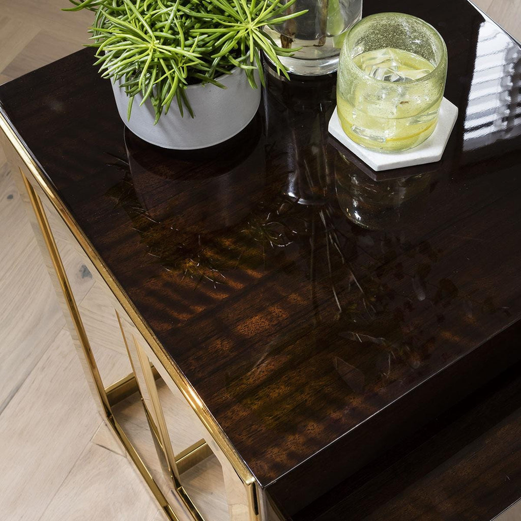 Quatropi Square Nesting Side Tables 2-Piece 45cm Gloss Teak - Golden Steel Legs