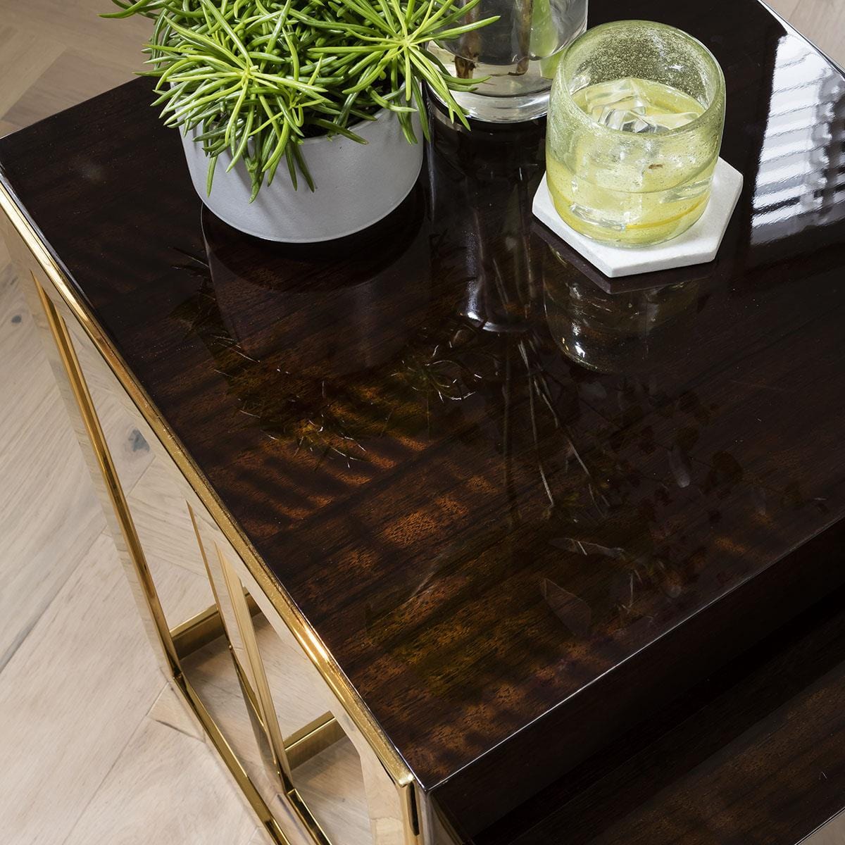 Quatropi Square Nesting Side Tables 2-Piece 45cm Gloss Teak - Golden Steel Legs