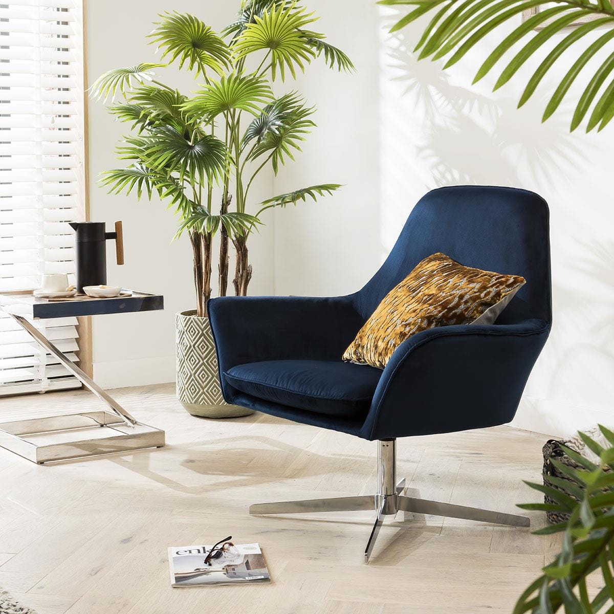 Quatropi Swivel Accent Chair Modern Blue Fabric & Silver Metal Base