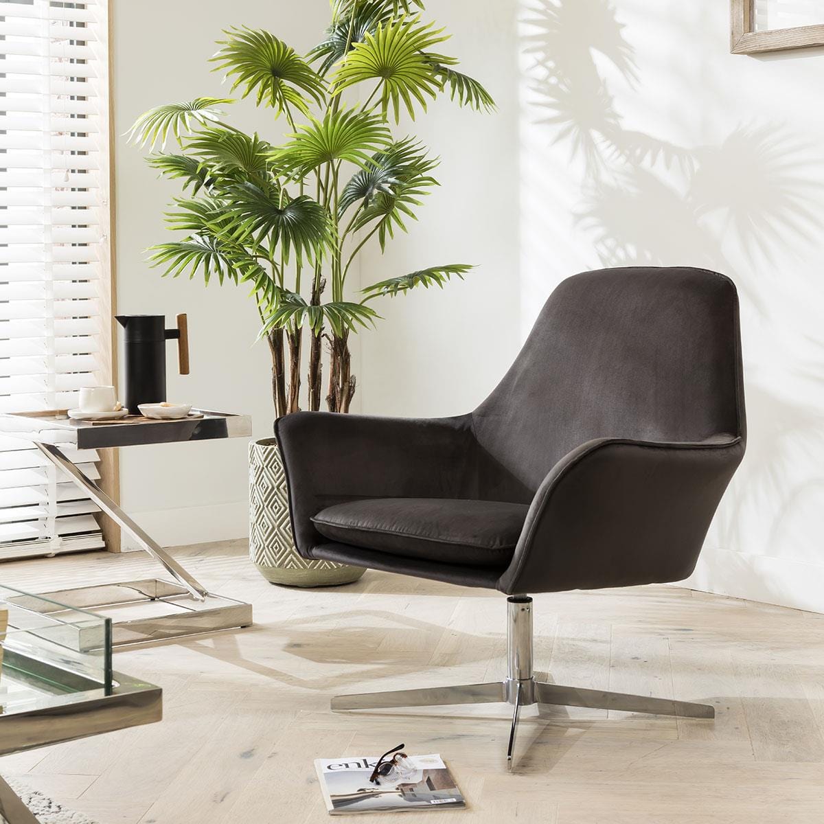 Quatropi Swivel Accent Chair Modern Grey Fabric & Silver Metal Base