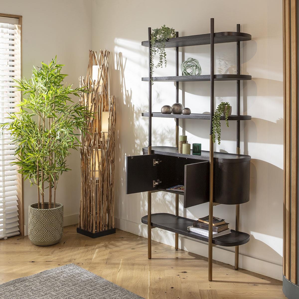 Quatropi Tall Shelving Unit With Drawers Black Oak Antique Gold Stainless Steel 2200mm