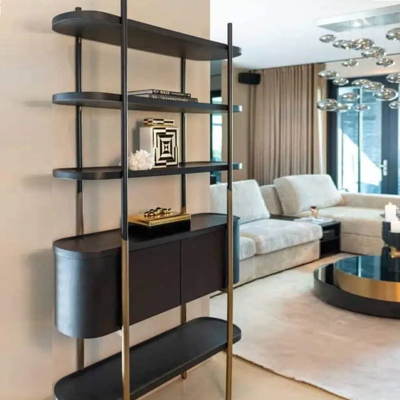 Quatropi Tall Shelving Unit With Drawers Black Oak Antique Gold Stainless Steel 2200mm