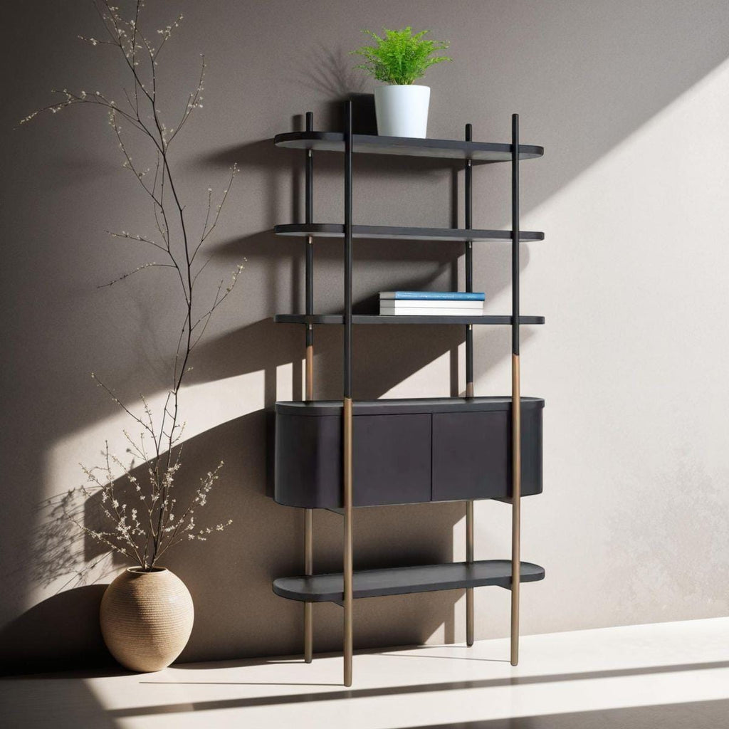 Quatropi Tall Shelving Unit With Drawers Black Oak Antique Gold Stainless Steel 2200mm