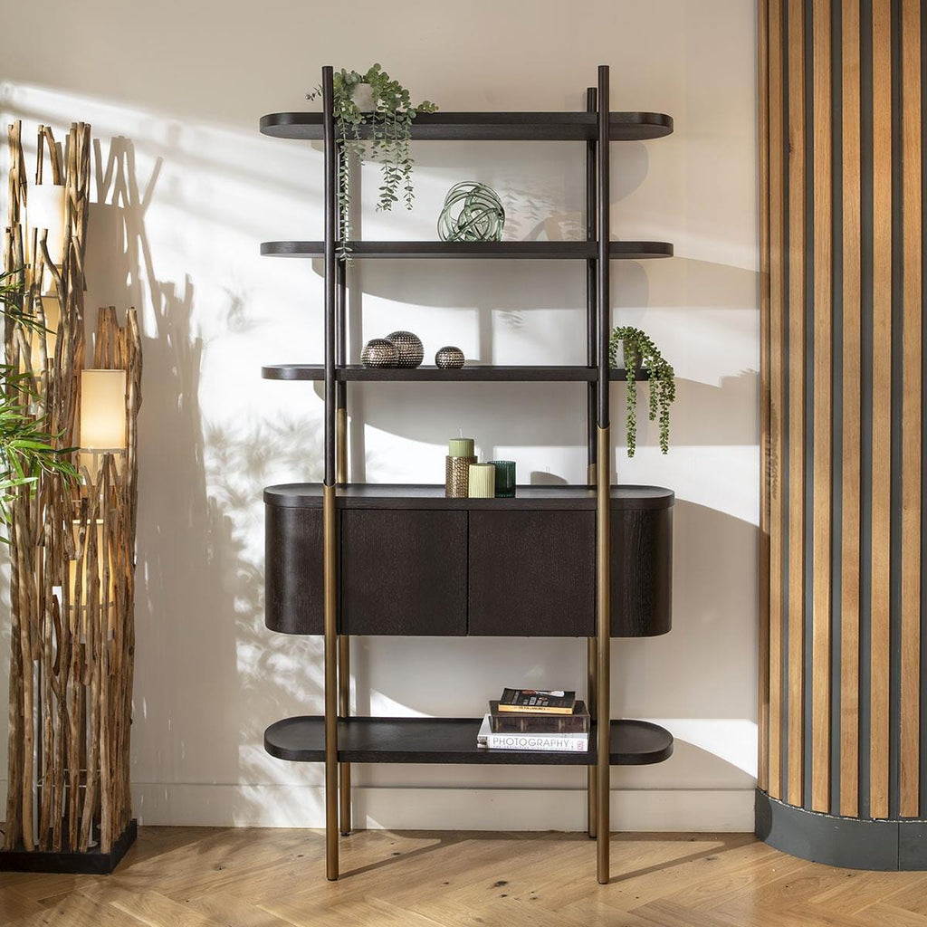 Quatropi Tall Shelving Unit With Drawers Black Oak Antique Gold Stainless Steel 2200mm