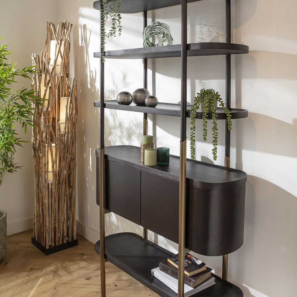 Quatropi Tall Shelving Unit With Drawers Black Oak Antique Gold Stainless Steel 2200mm